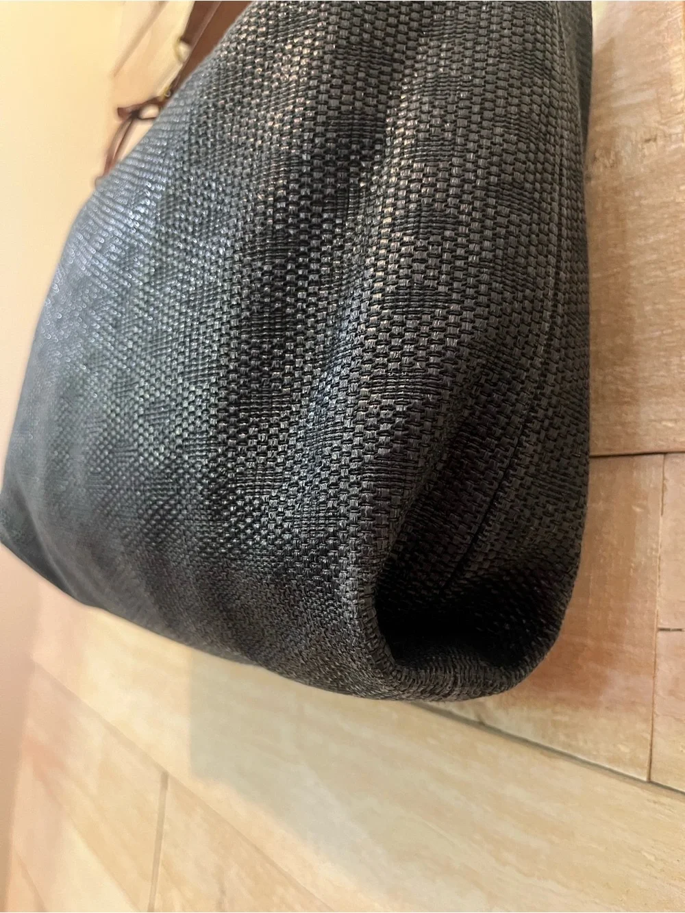 Fossil Woven Navy Hobo Shoulder Bag with Brown Leather Trim